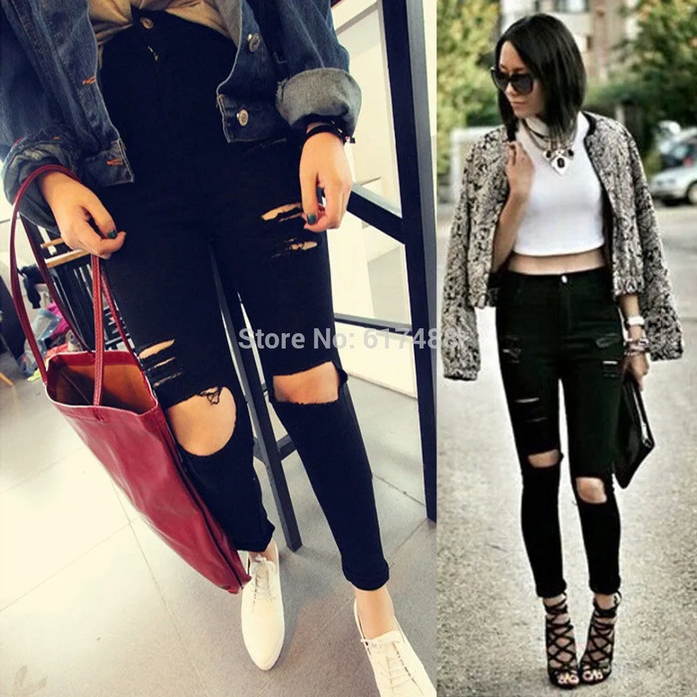 2015 Hot Sale New Fashion Women Casual Black High Waist Torn Jeans Hole Knee Skinny Pencil Pants Denim Ripped Jeans For Womens