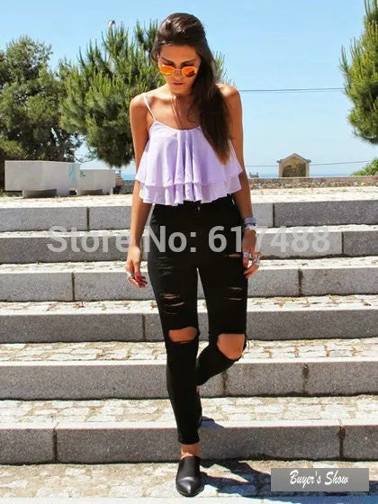 2015 Hot Sale New Fashion Women Casual Black High Waist Torn Jeans Hole Knee Skinny Pencil Pants Denim Ripped Jeans For Womens