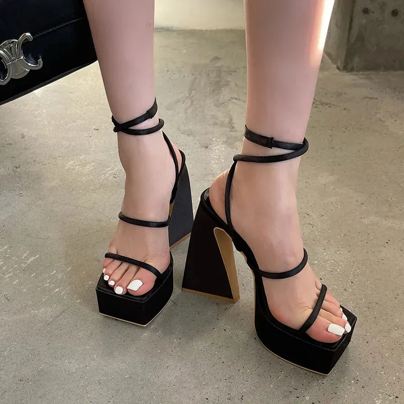 Advbridge  New High Heels Women Sandals Square Toe Open Toe Pumps Platform Shoes Red Blue Thin Band Sexy Fashion Designer Party Dress Shoes