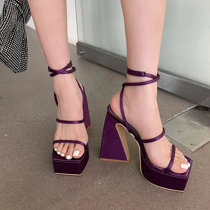 Advbridge  New High Heels Women Sandals Square Toe Open Toe Pumps Platform Shoes Red Blue Thin Band Sexy Fashion Designer Party Dress Shoes