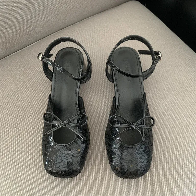 Advbridge  -  Summer New Sequin Mules Mary Jane Women Sandal Fashion Square Toe Shoes Thick Heels Dress Female Pumps Sandalias Mujer