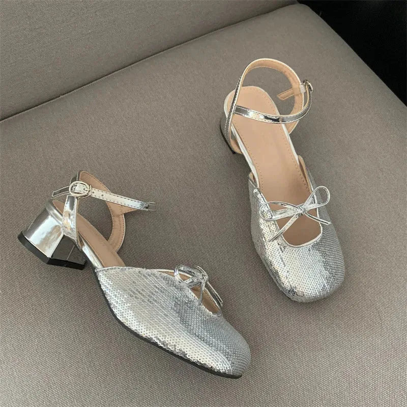 Advbridge  -  Summer New Sequin Mules Mary Jane Women Sandal Fashion Square Toe Shoes Thick Heels Dress Female Pumps Sandalias Mujer