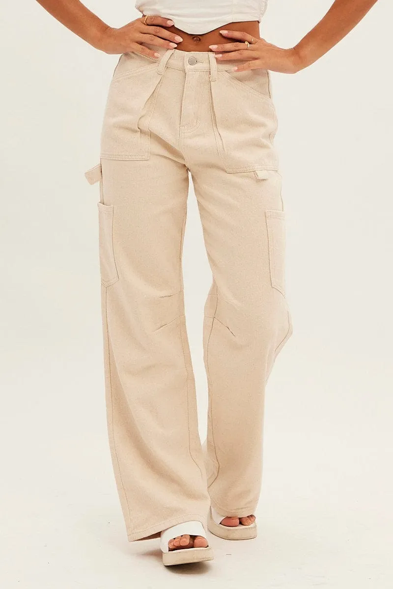 Beige Cargo Jeans Mid Rise