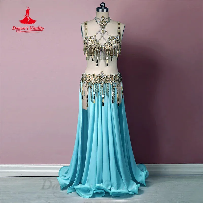 Bellydance Clothing Set Customized Luxury AB Stones Bra  Sequin Tassel Split Long Skirt 2pcs Oriental Dance Performance Costumes