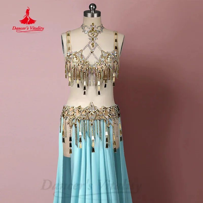 Bellydance Clothing Set Customized Luxury AB Stones Bra  Sequin Tassel Split Long Skirt 2pcs Oriental Dance Performance Costumes