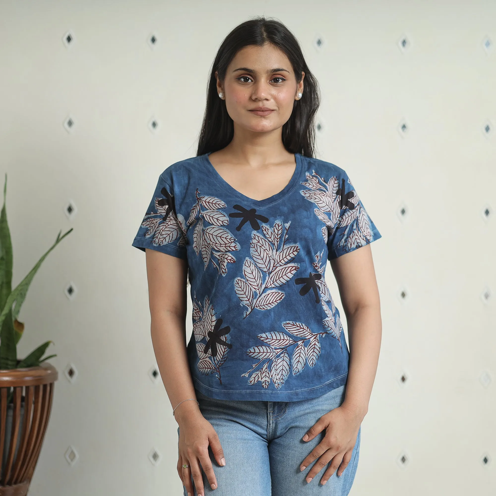 Blue - Bindaas Block Art Printed Cotton Women V Neck T-shirt 13