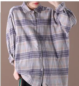 Checked Women Casual Blouse Linen Shirts Loose Blouse Plus Size Women Tops WG961707