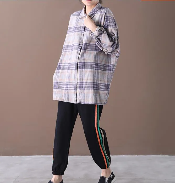 Checked Women Casual Blouse Linen Shirts Loose Blouse Plus Size Women Tops WG961707