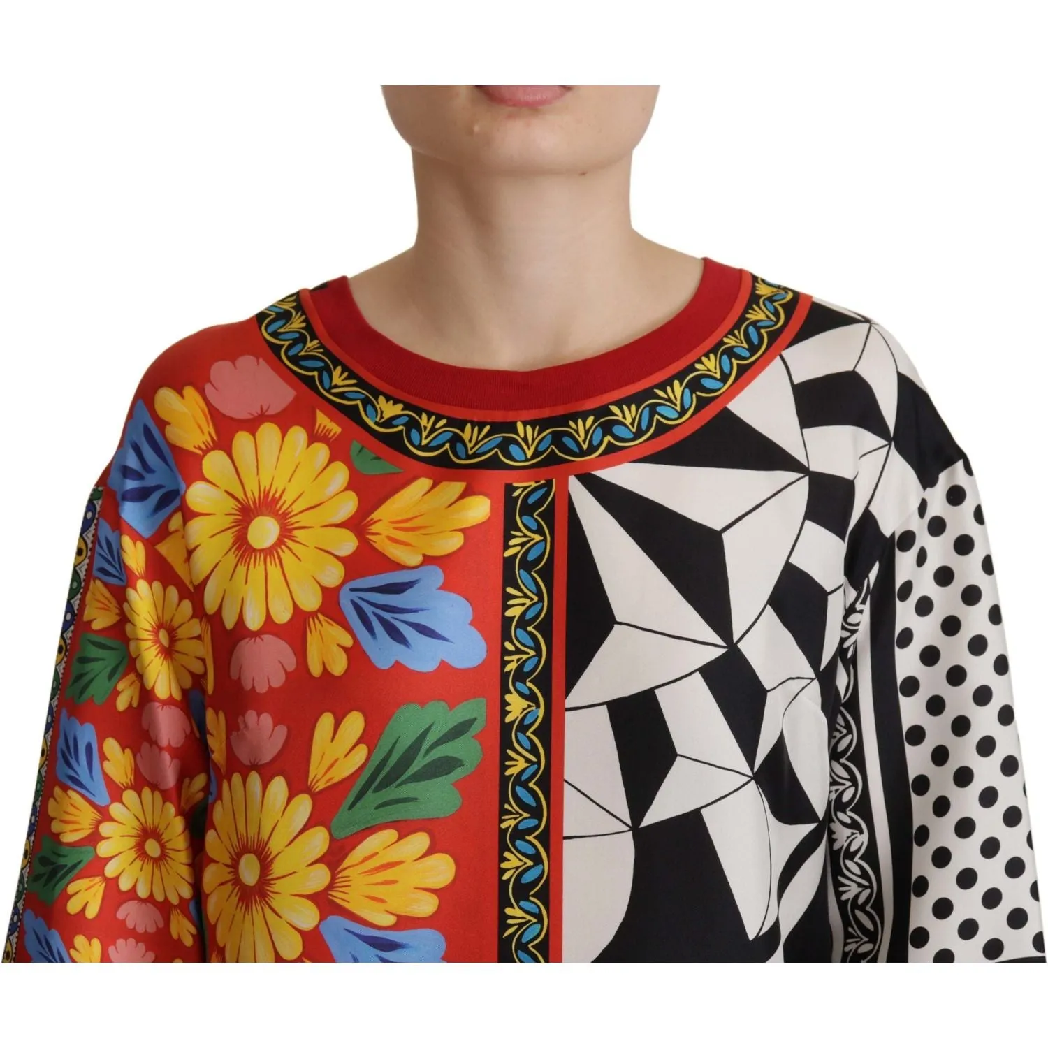 Dolce & Gabbana Silk Baroque Floral Round Neck Blouse