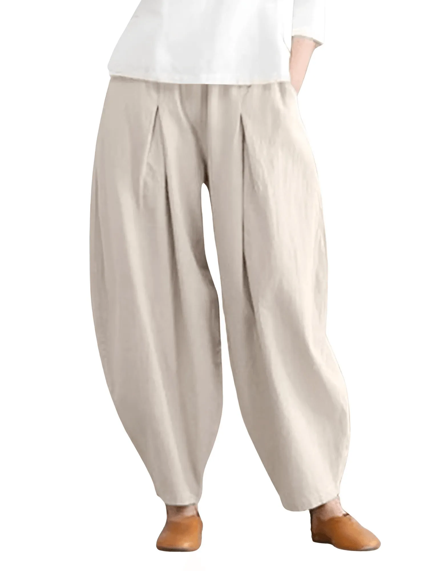 Elastic Waist Trousers Women's Casual Baggy Pants Elegant Loose Wide Leg Pants Vintage Cotton