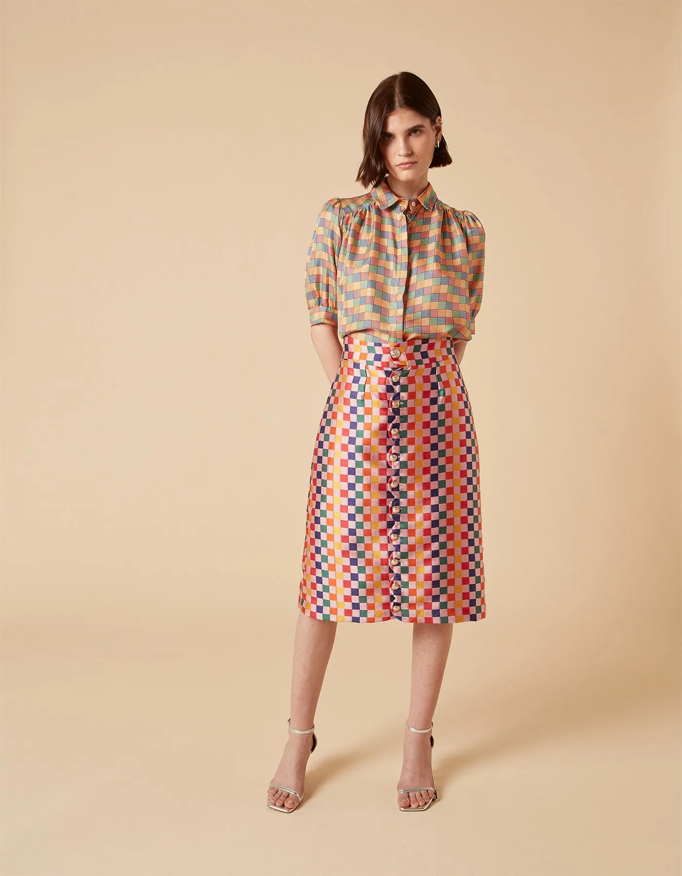 Frankie Rainbow Puzzle Print Silk Jacquard Midi Skirt