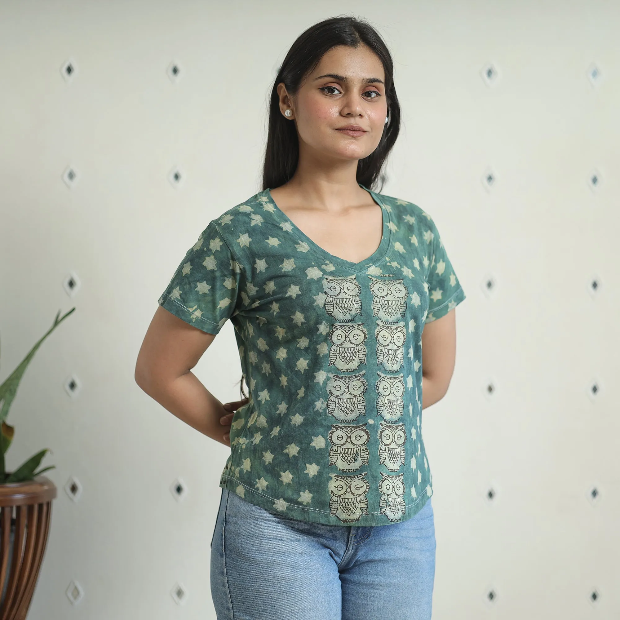 Green - Bindaas Block Art Printed Cotton Women V Neck T-shirt 16