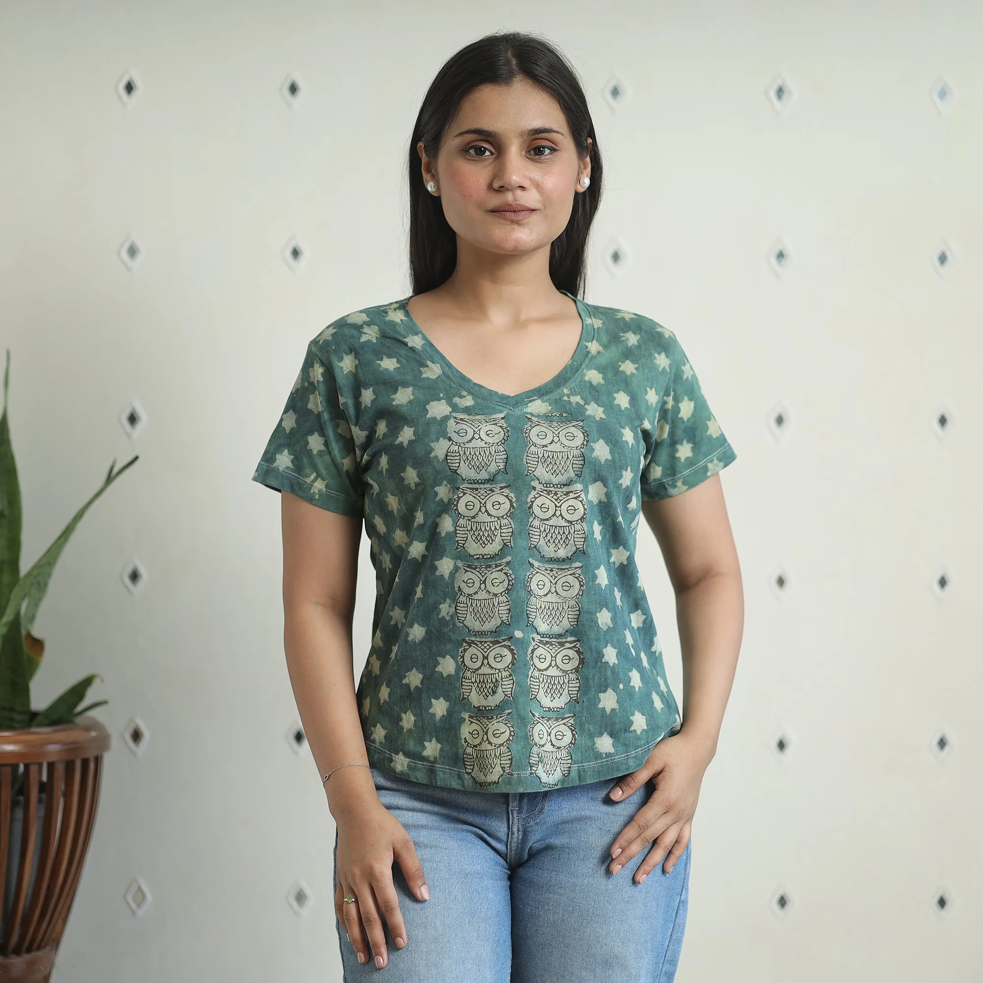 Green - Bindaas Block Art Printed Cotton Women V Neck T-shirt 16