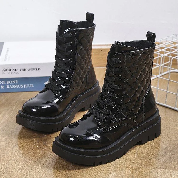 Lace-up Thick-heeled Boots Winter Casual Round Toe Platform Ankle Boots Women Fashion Quilted Pattern Minimalist Motorcycle Shoes