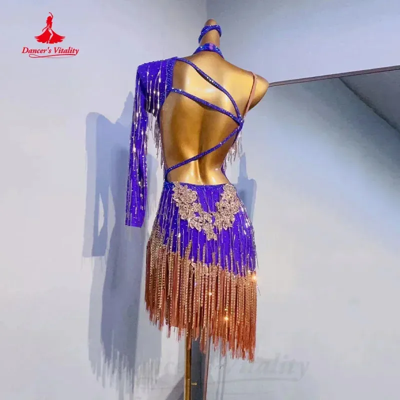 Latin Dance Costumes Women Customization Sexy Backless AB Stones Tassel Dress Tango Rumba Samba Professional Performance Costume