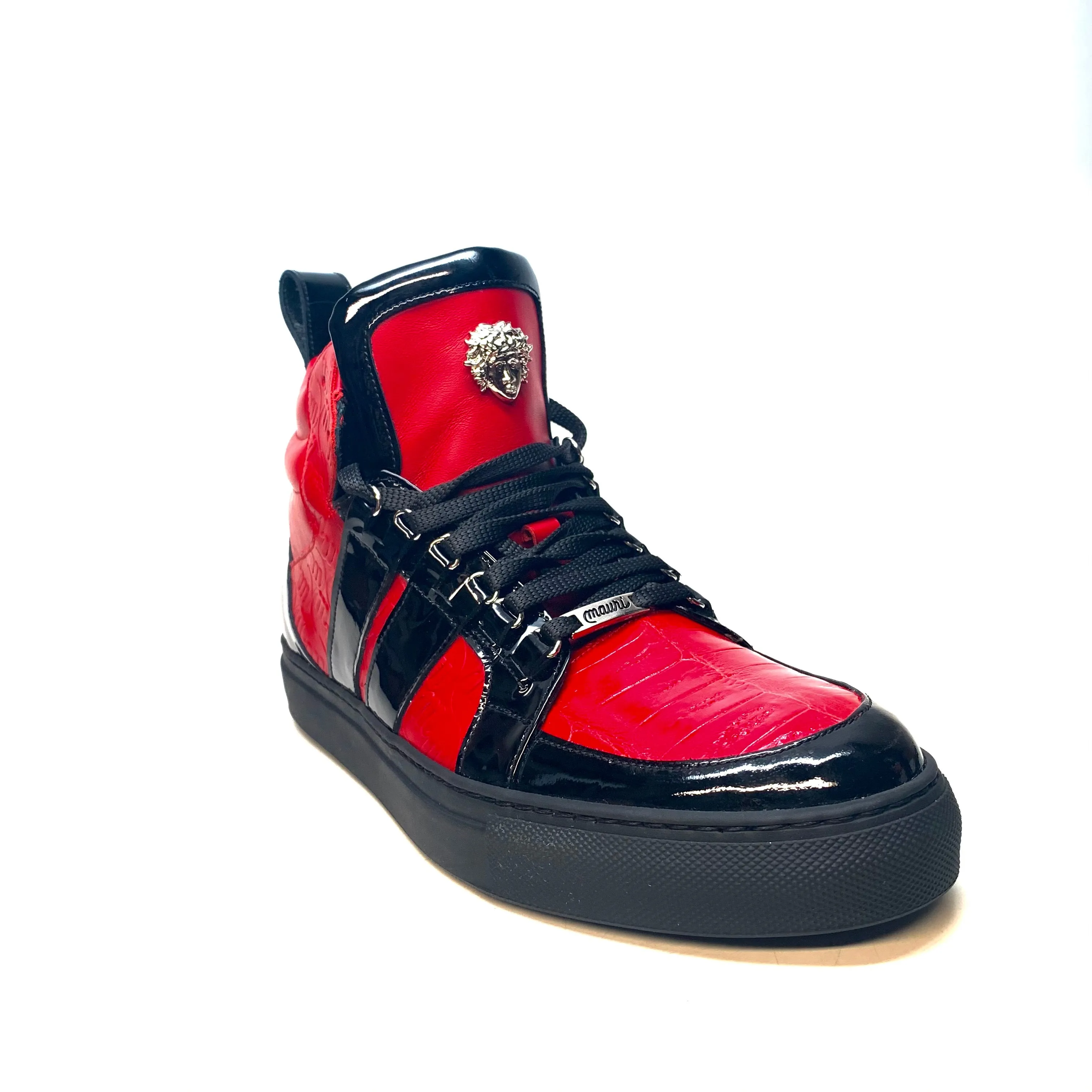 Mauri "8410" Red Black Alligator/Patent Leather High-Top Sneakers