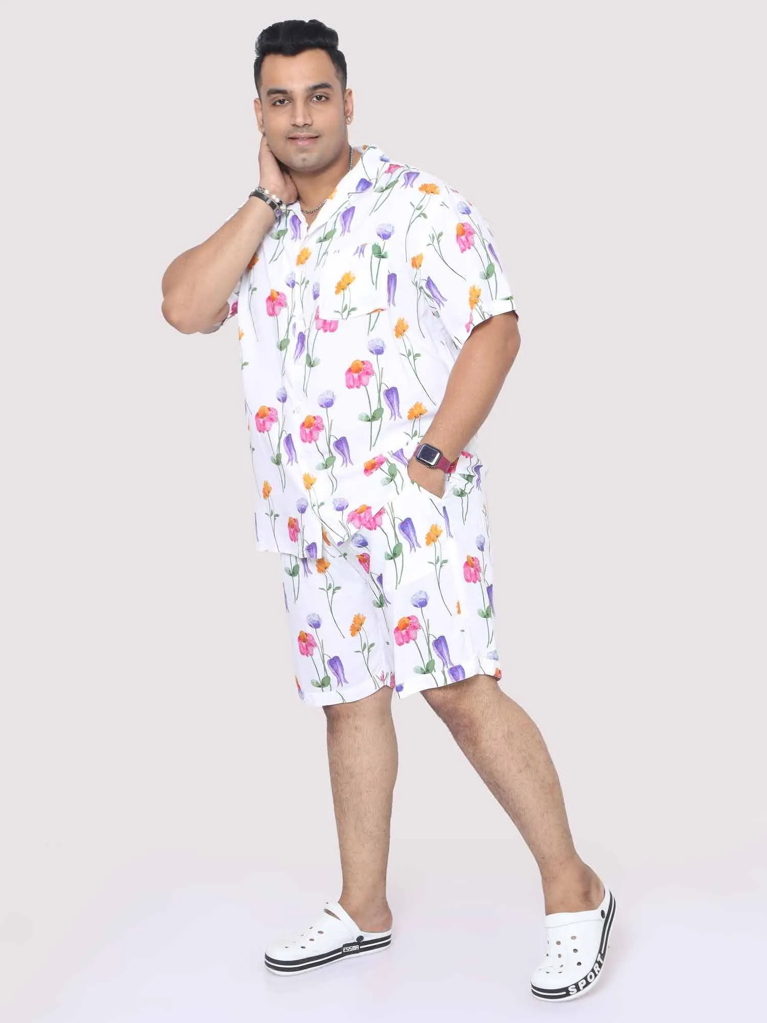 Men Plus Size Daisy Flowers Printed Half Sleeve Co-Ords