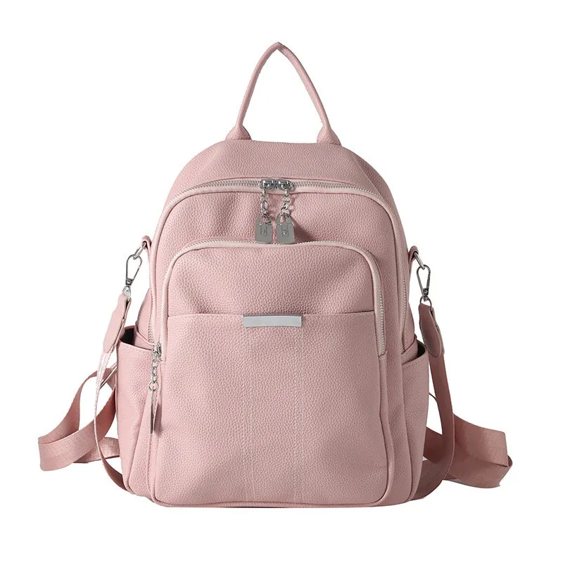 New Solid Color Soft Leather High-Grade Backpack Fashion Trendy Lightweight Multipurpose Women Bag Casual Shoulder Fashion Bag Cross-Border