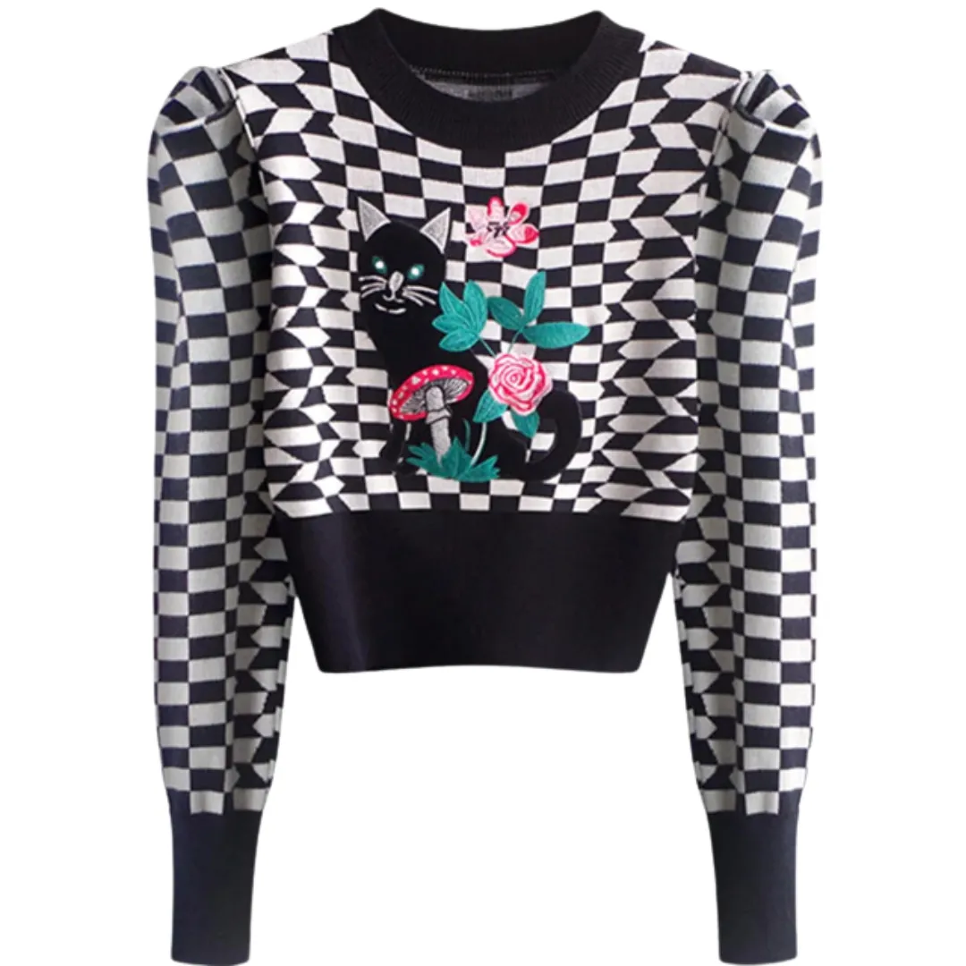 Pre Order:  Plaid Bubble Sleeve Cat Embroidery Cropped Sweater