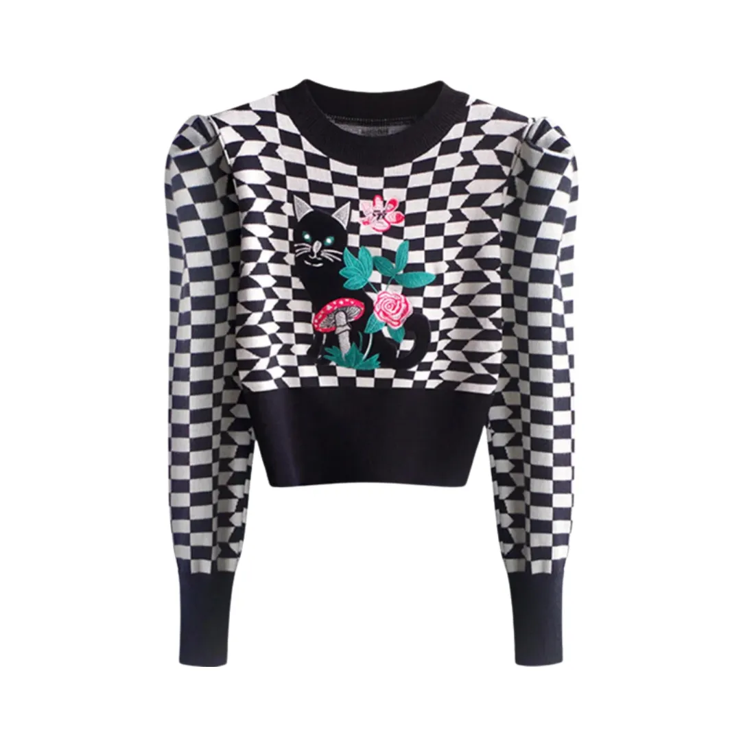 Pre Order:  Plaid Bubble Sleeve Cat Embroidery Cropped Sweater