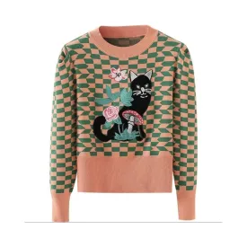 Pre Order:  Plaid Bubble Sleeve Cat Embroidery Cropped Sweater