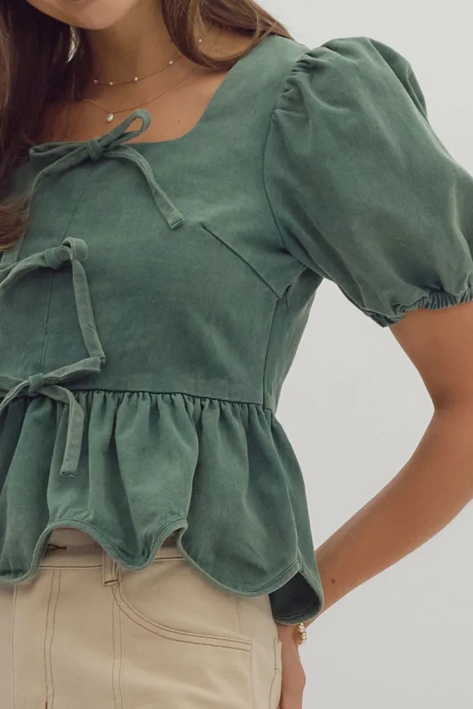 Puff Sleeve Peplum Top in Emerald by Entro