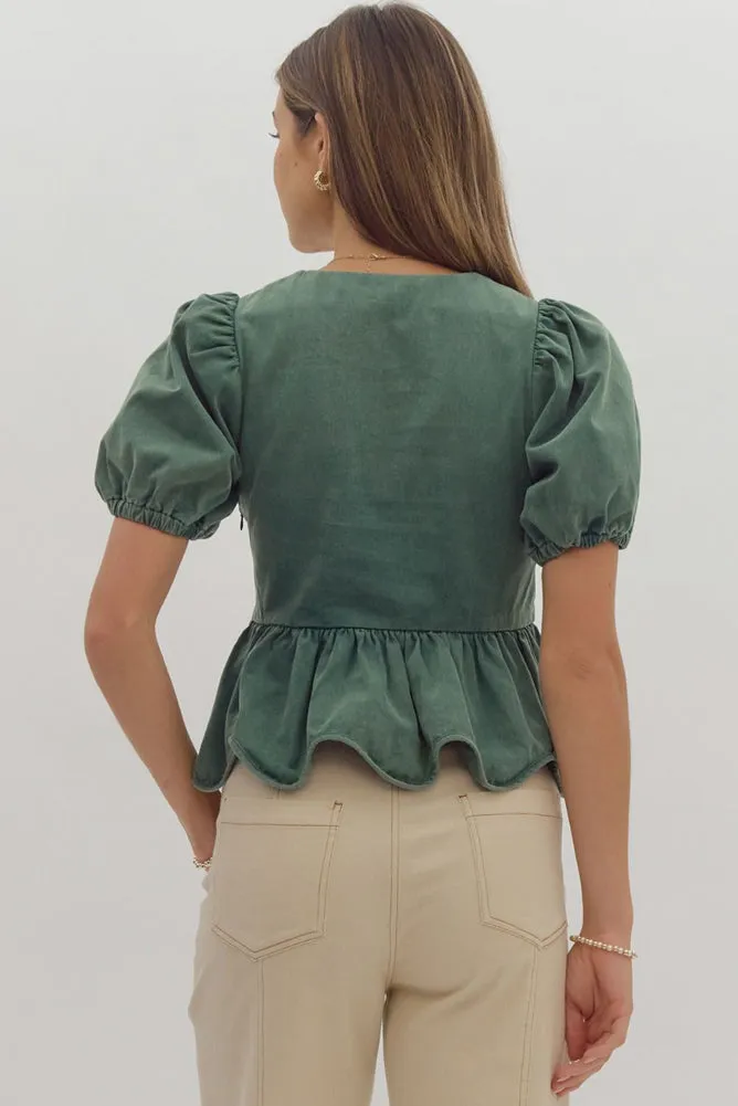 Puff Sleeve Peplum Top in Emerald by Entro