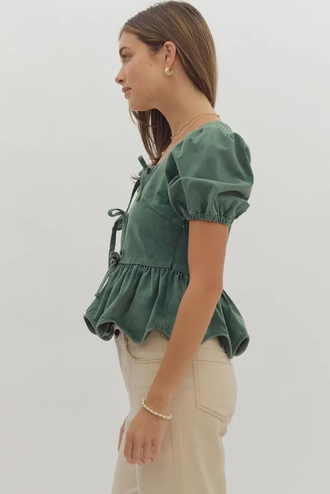 Puff Sleeve Peplum Top in Emerald by Entro