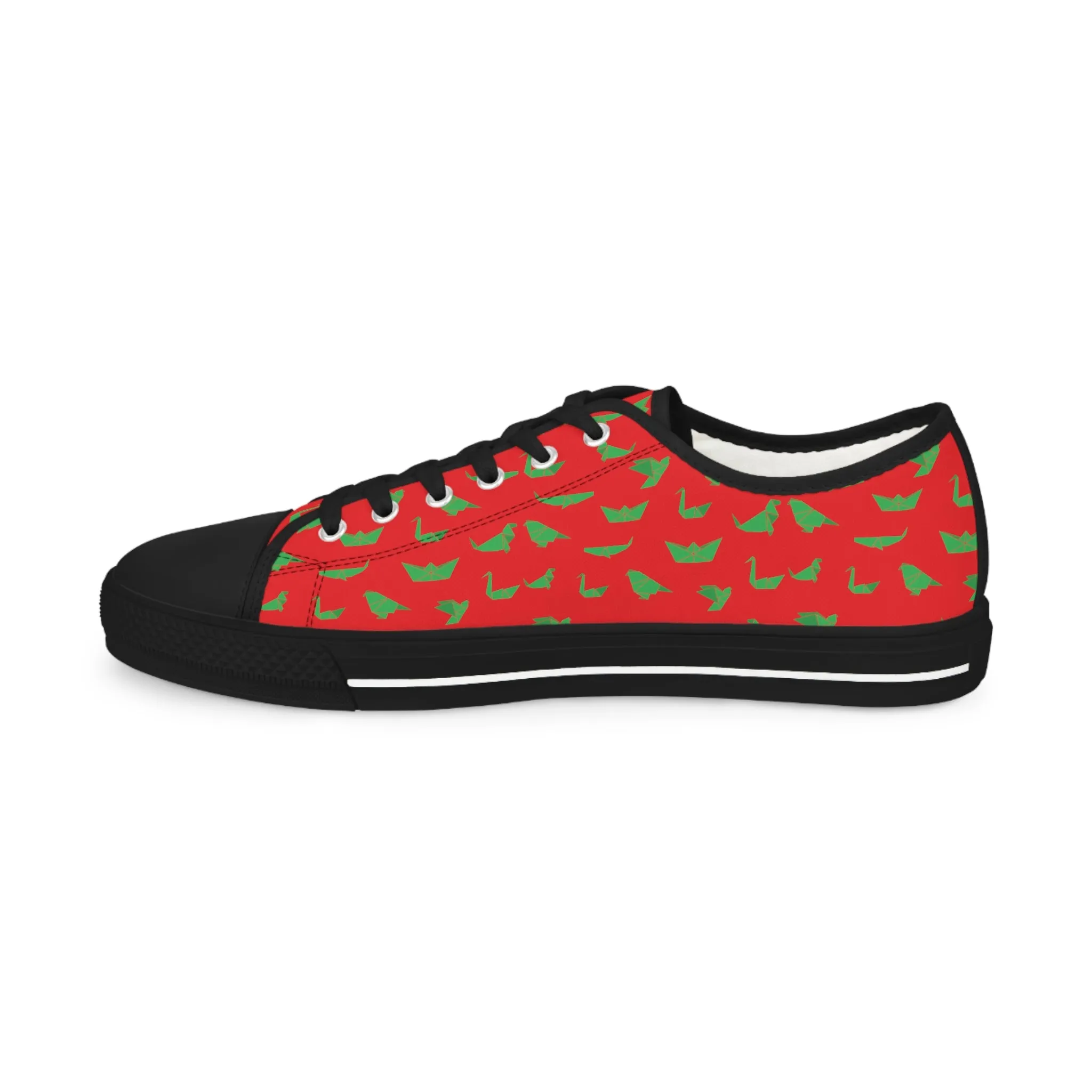 Red Crane Print Men's Sneakers, Green and Red Japanese Crane Print Men's Low Top Sneaker Shoes (US Size: 5-14)