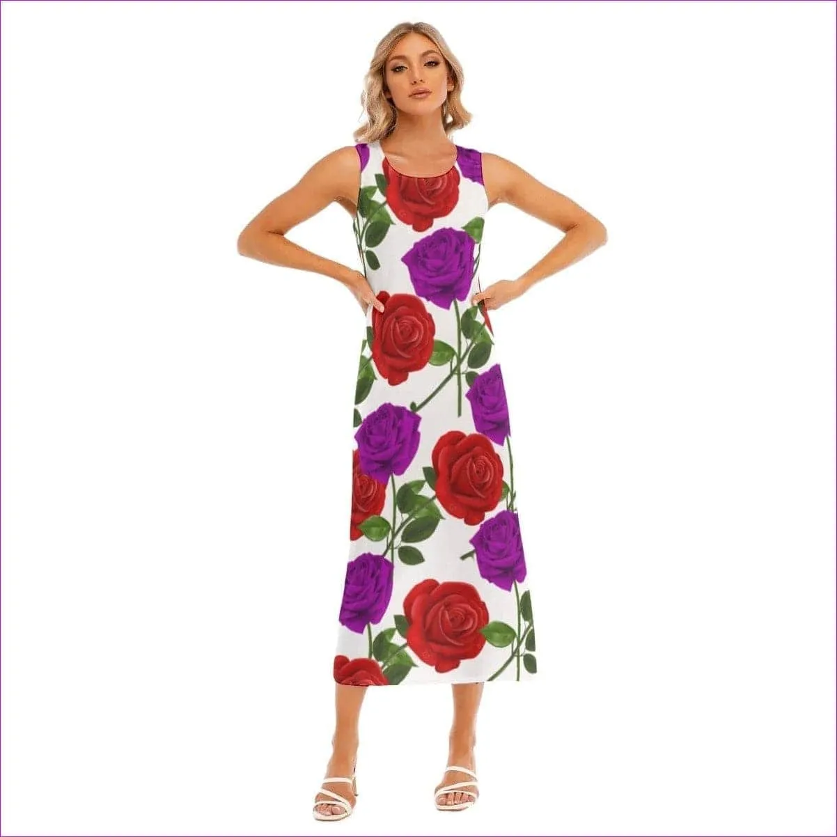 Red Rose Purp Vest Dress for Women in White