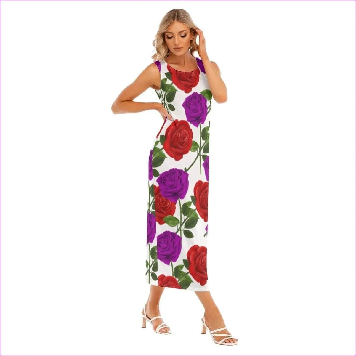 Red Rose Purp Vest Dress for Women in White