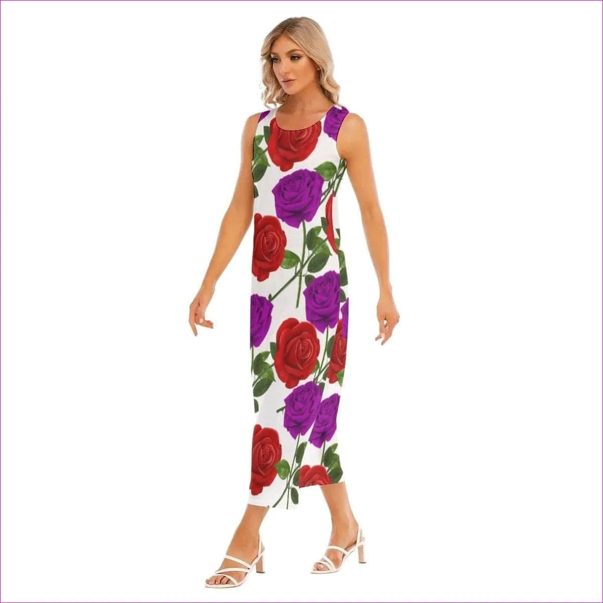 Red Rose Purp Vest Dress for Women in White