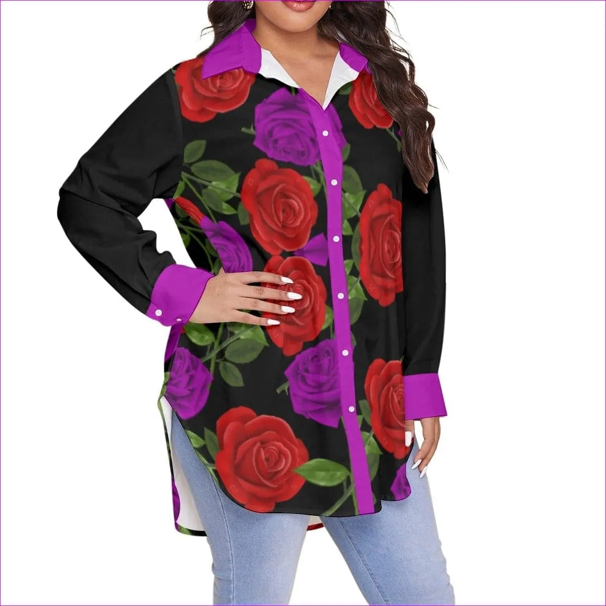 Red Rose Purp Women's Long Sleeve Button-Up Voluptuous ( ) Plus Size