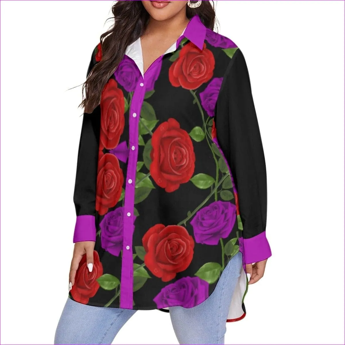 Red Rose Purp Women's Long Sleeve Button-Up Voluptuous ( ) Plus Size