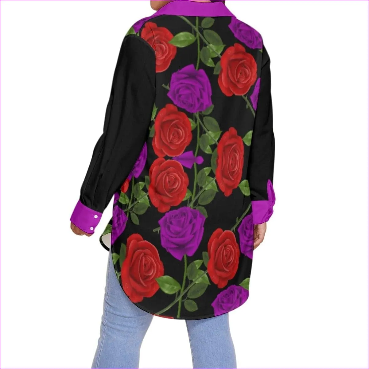 Red Rose Purp Women's Long Sleeve Button-Up Voluptuous ( ) Plus Size