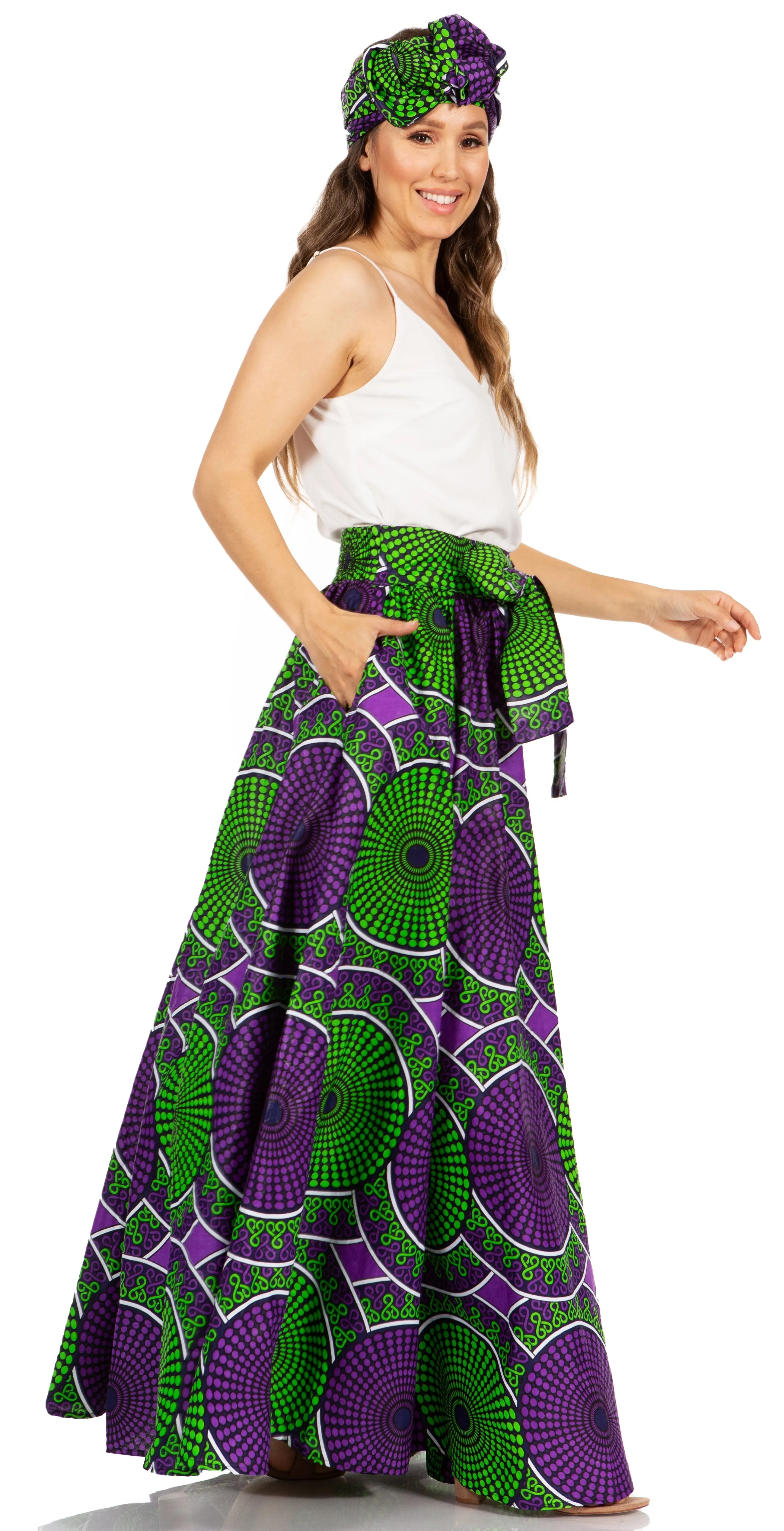 Sakkas Asma's Second Convertible Traditional Wax Print Maxi Skirt with Adjustable Straps