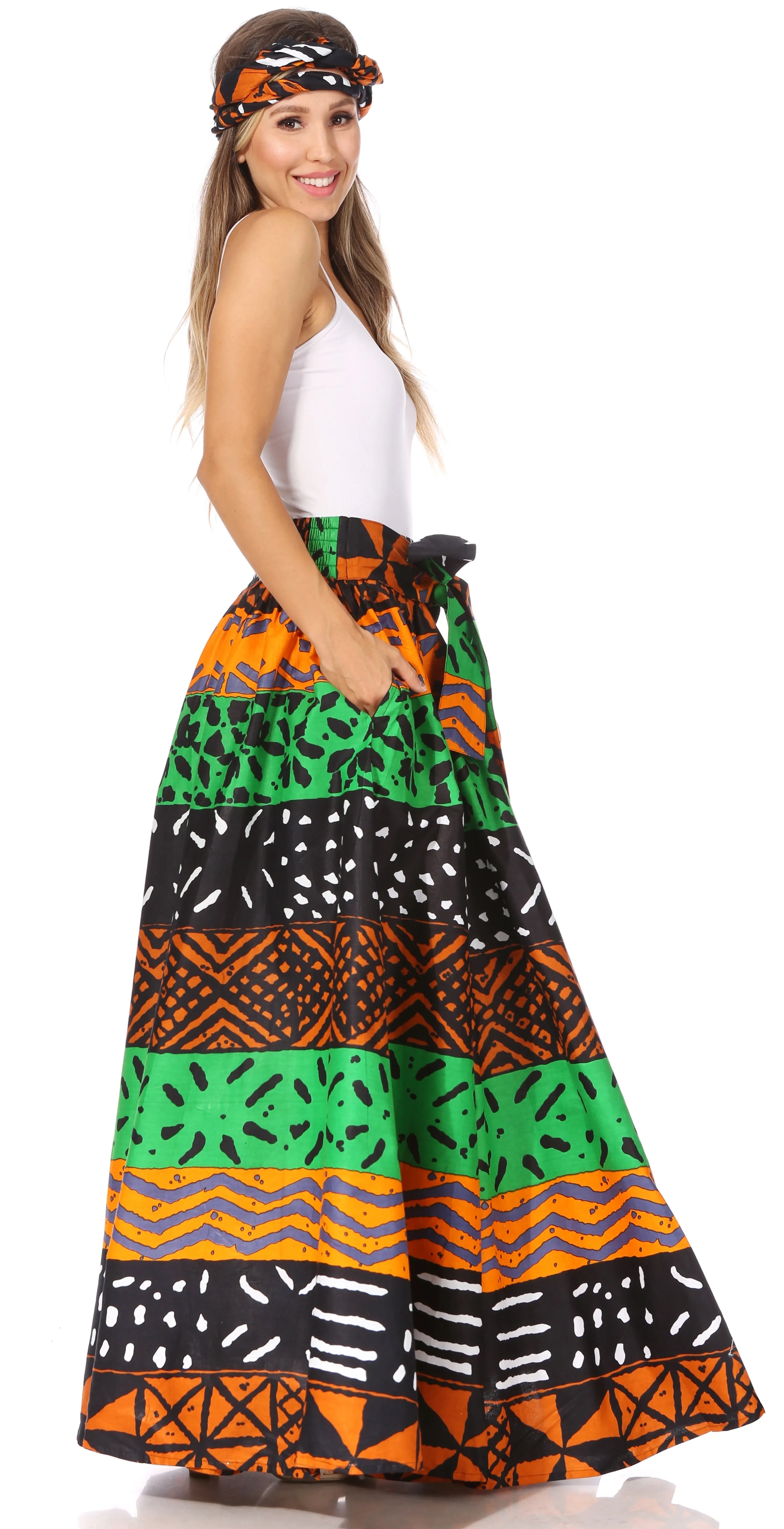 Sakkas Asma's Second Convertible Traditional Wax Print Maxi Skirt with Adjustable Straps