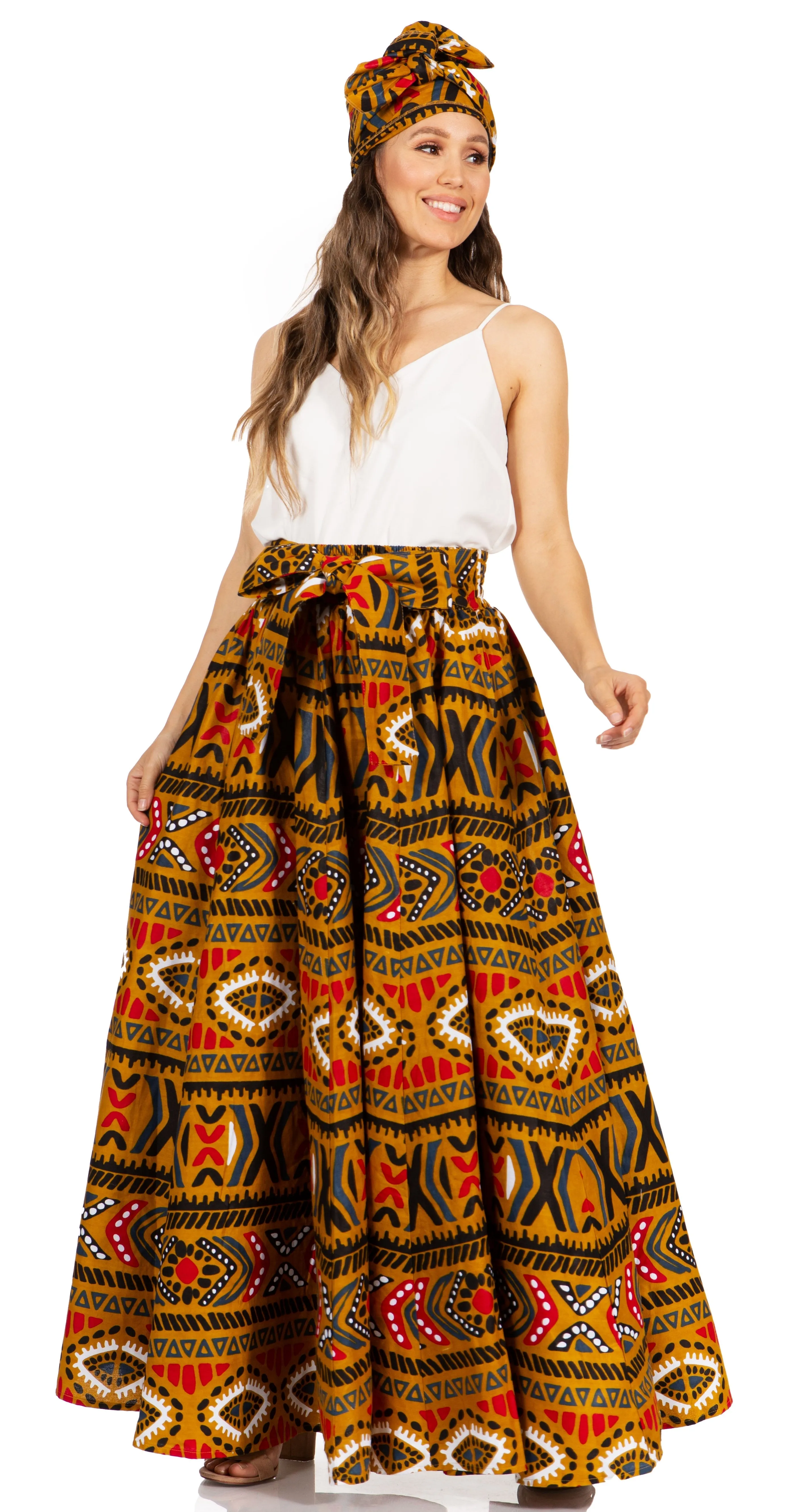 Sakkas Asma's Second Convertible Traditional Wax Print Maxi Skirt with Adjustable Straps