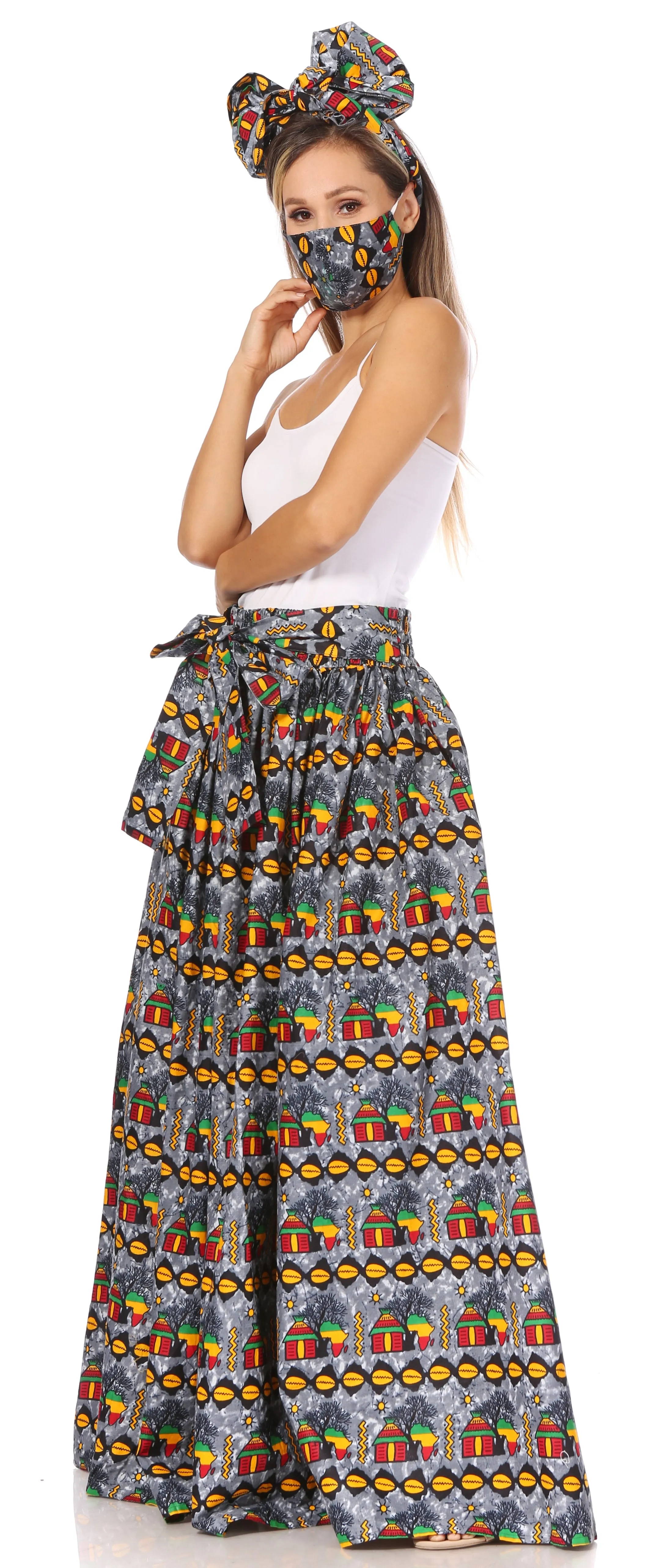 Sakkas Asma's Second Convertible Traditional Wax Print Maxi Skirt with Adjustable Straps