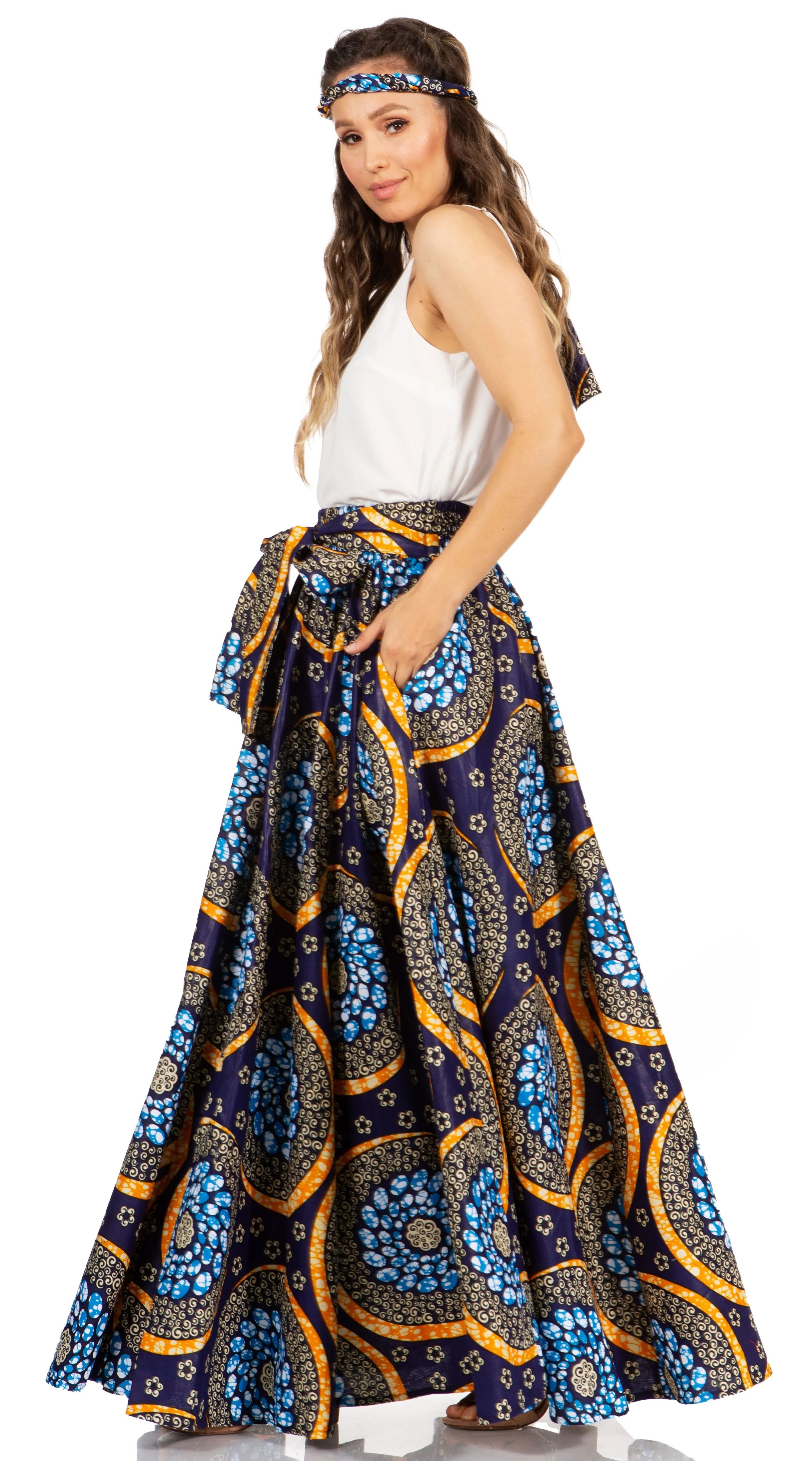 Sakkas Asma's Second Convertible Traditional Wax Print Maxi Skirt with Adjustable Straps