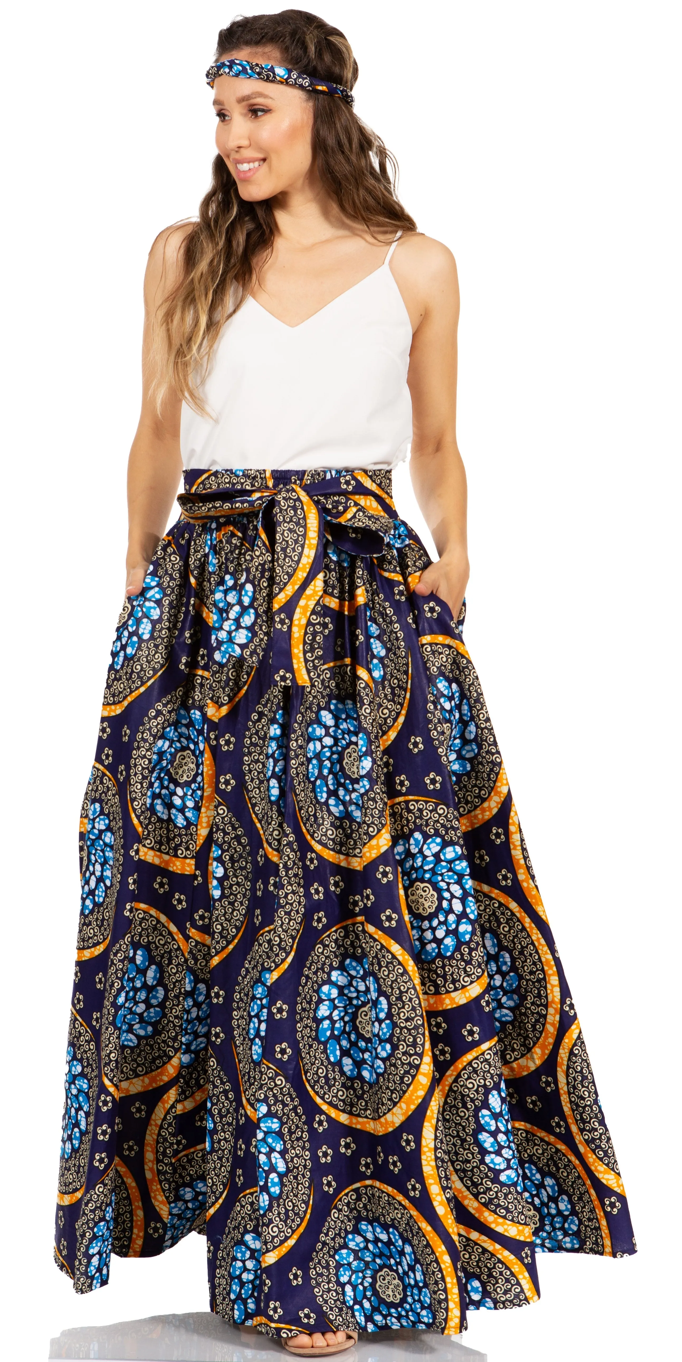 Sakkas Asma's Second Convertible Traditional Wax Print Maxi Skirt with Adjustable Straps