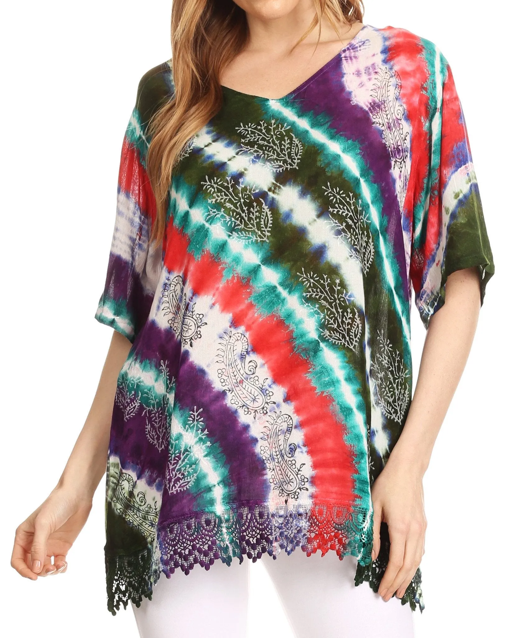 Sakkas Sarah Tie Dye V Neck Top Blouse with Short Sleeves and Lace Trim