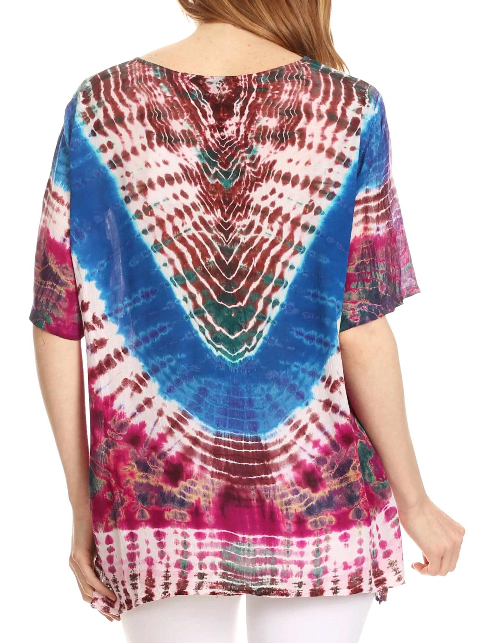 Sakkas Sarah Tie Dye V Neck Top Blouse with Short Sleeves and Lace Trim