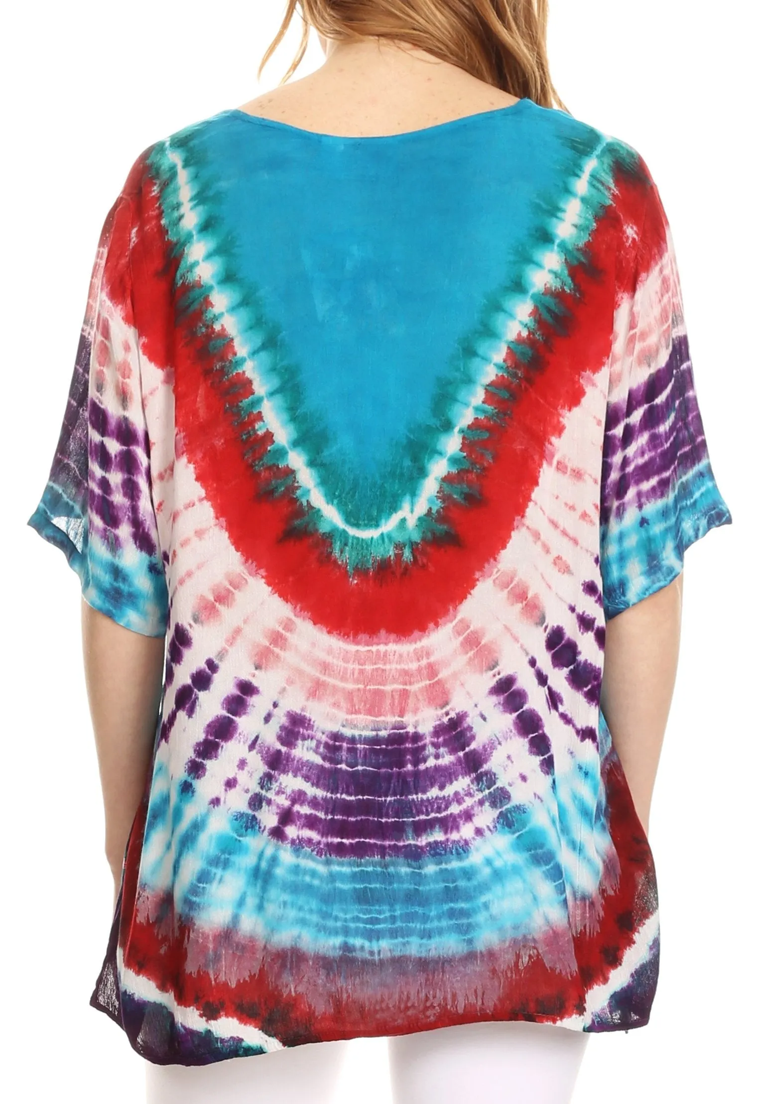 Sakkas Sarah Tie Dye V Neck Top Blouse with Short Sleeves and Lace Trim