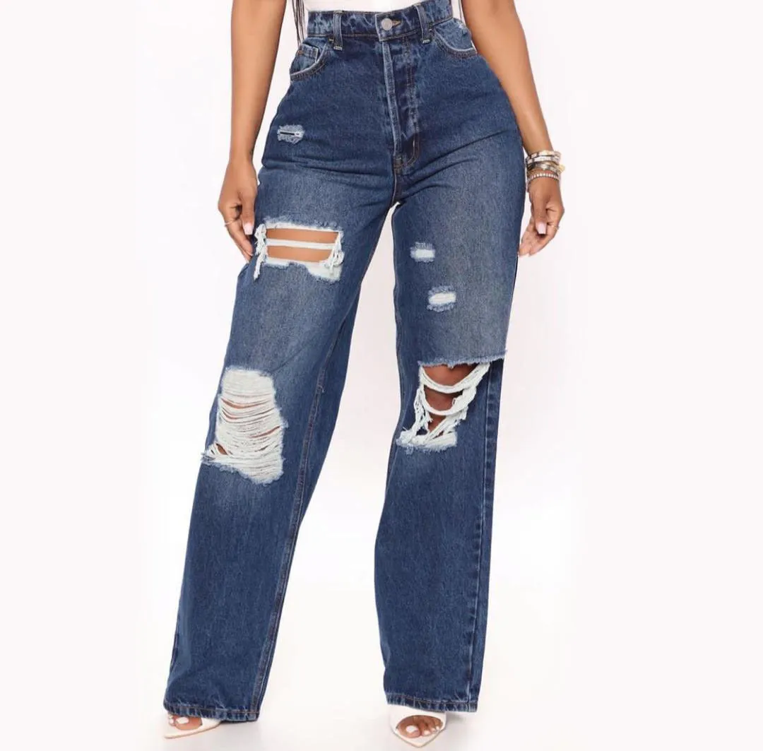 Women High Waist Loose Hole Straight Jeans