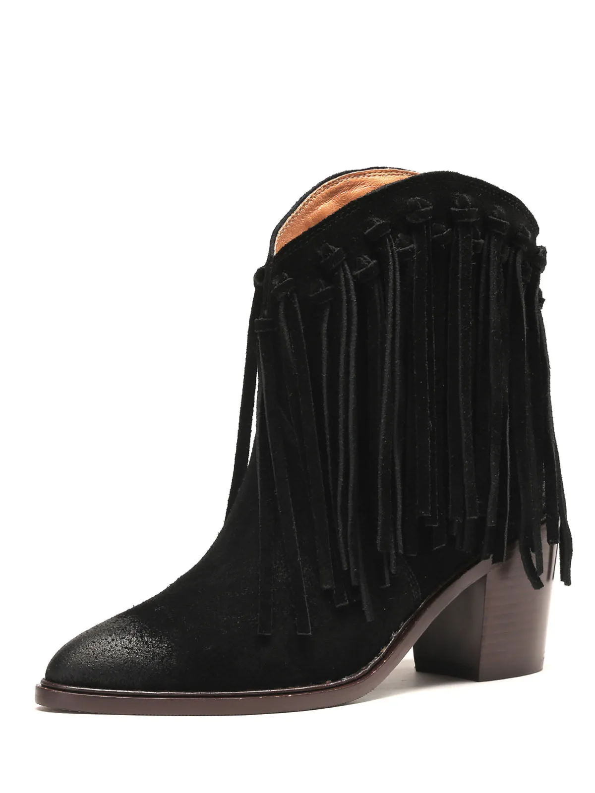 Women's Solid Color Chunky Heel Pointed Toe Fringe Leather Boho Boots