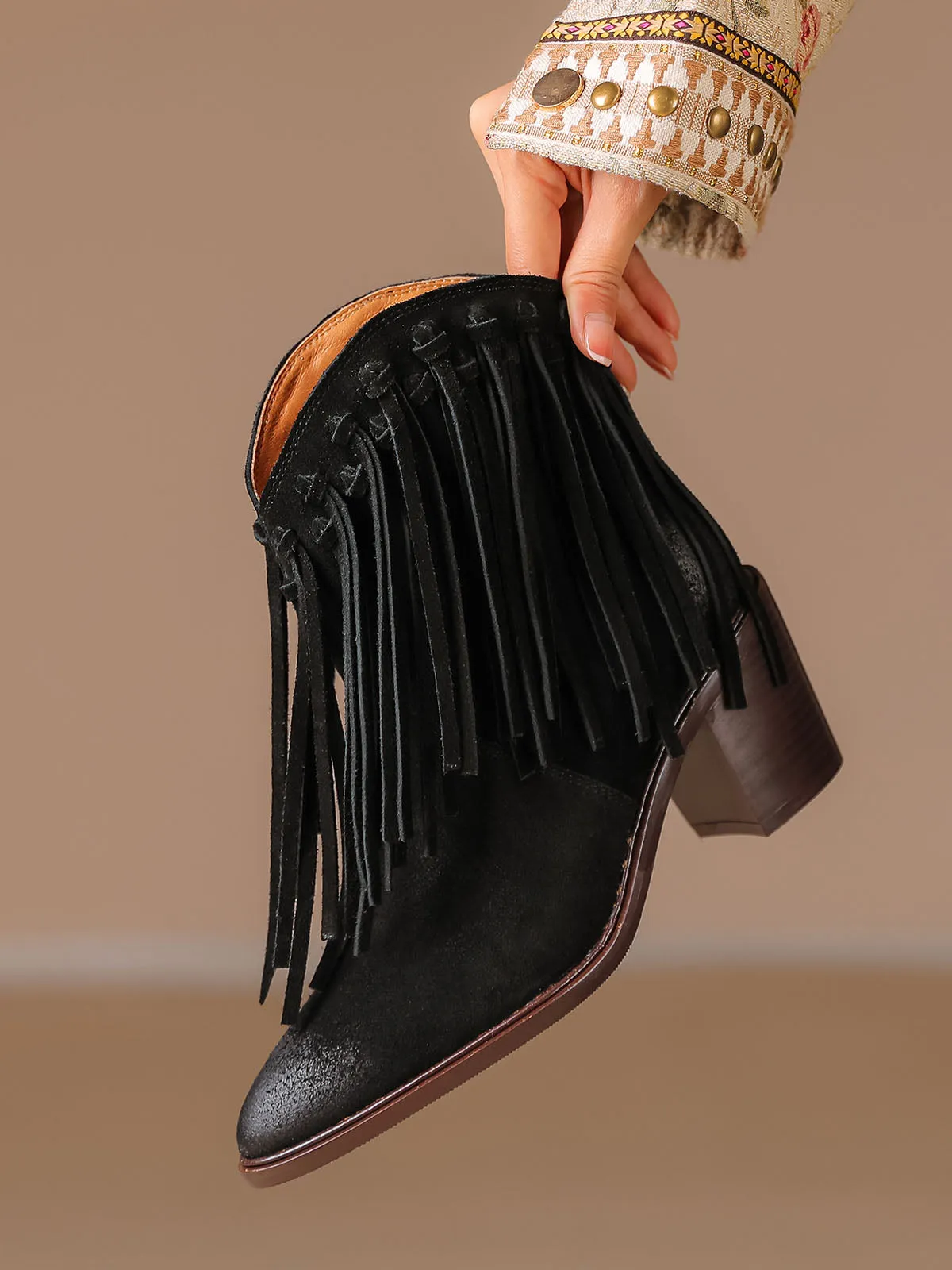 Women's Solid Color Chunky Heel Pointed Toe Fringe Leather Boho Boots