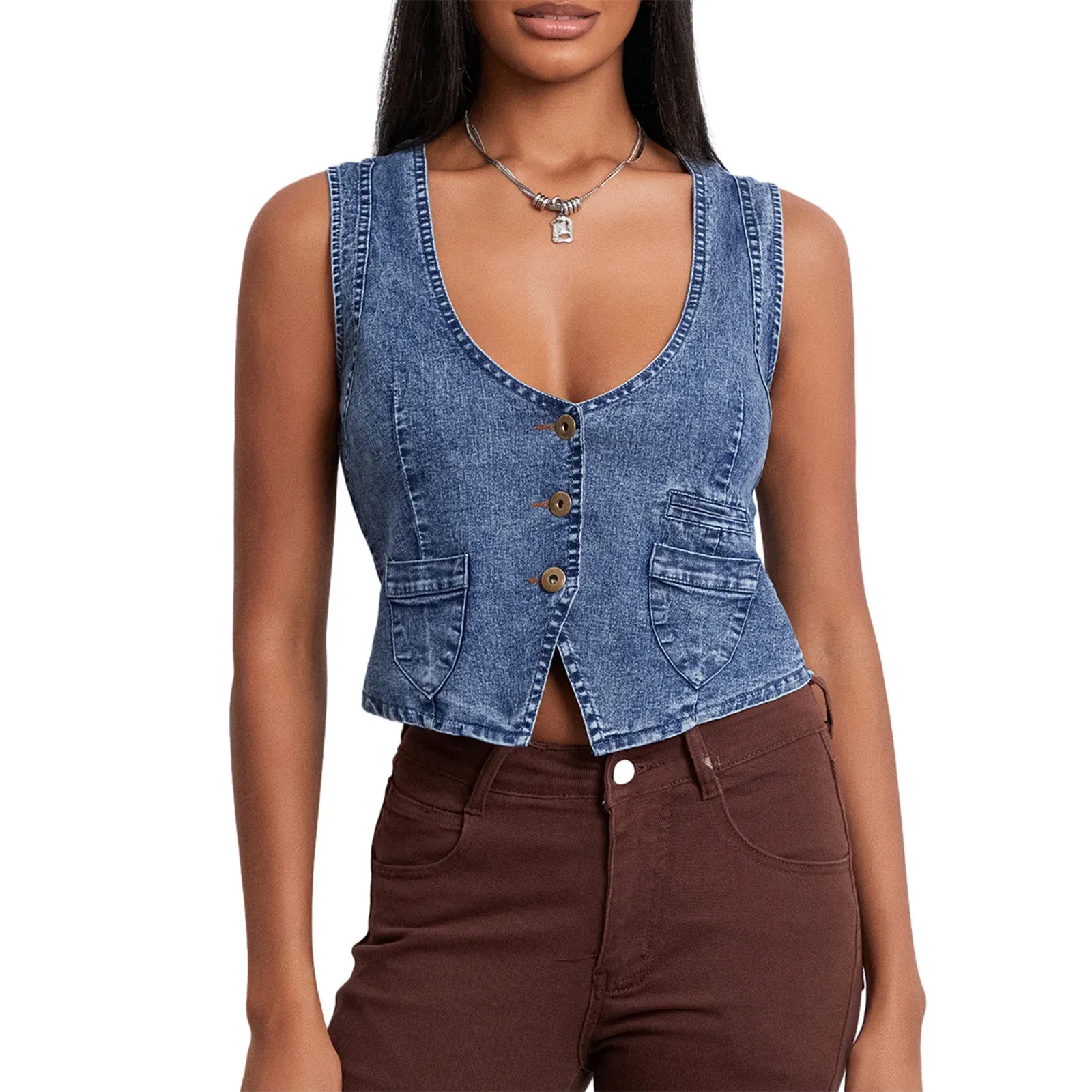 Y2K Button Down Denim Casual V-neck Sleeveless Cropped Crop Jean Top