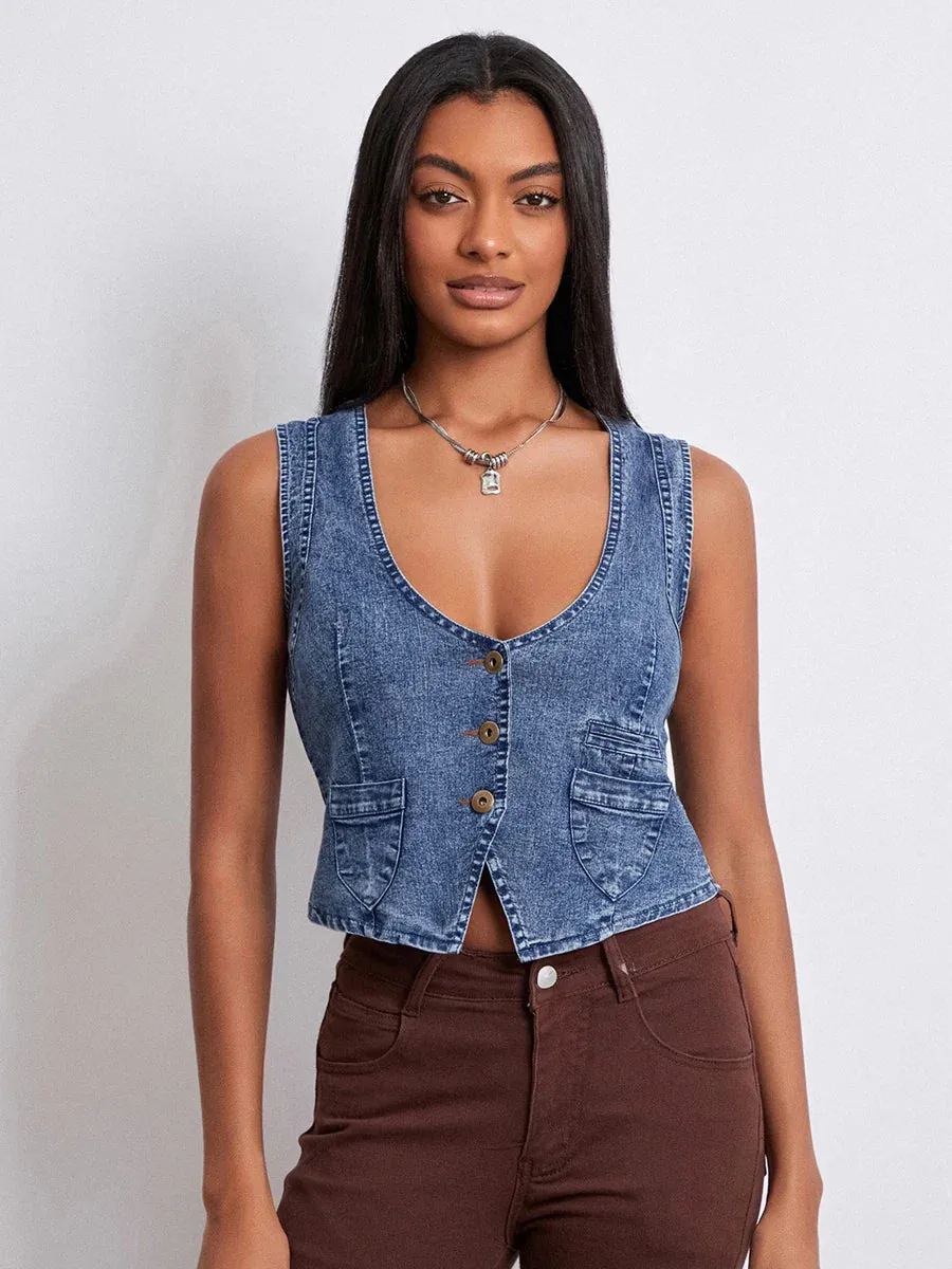 Y2K Button Down Denim Casual V-neck Sleeveless Cropped Crop Jean Top