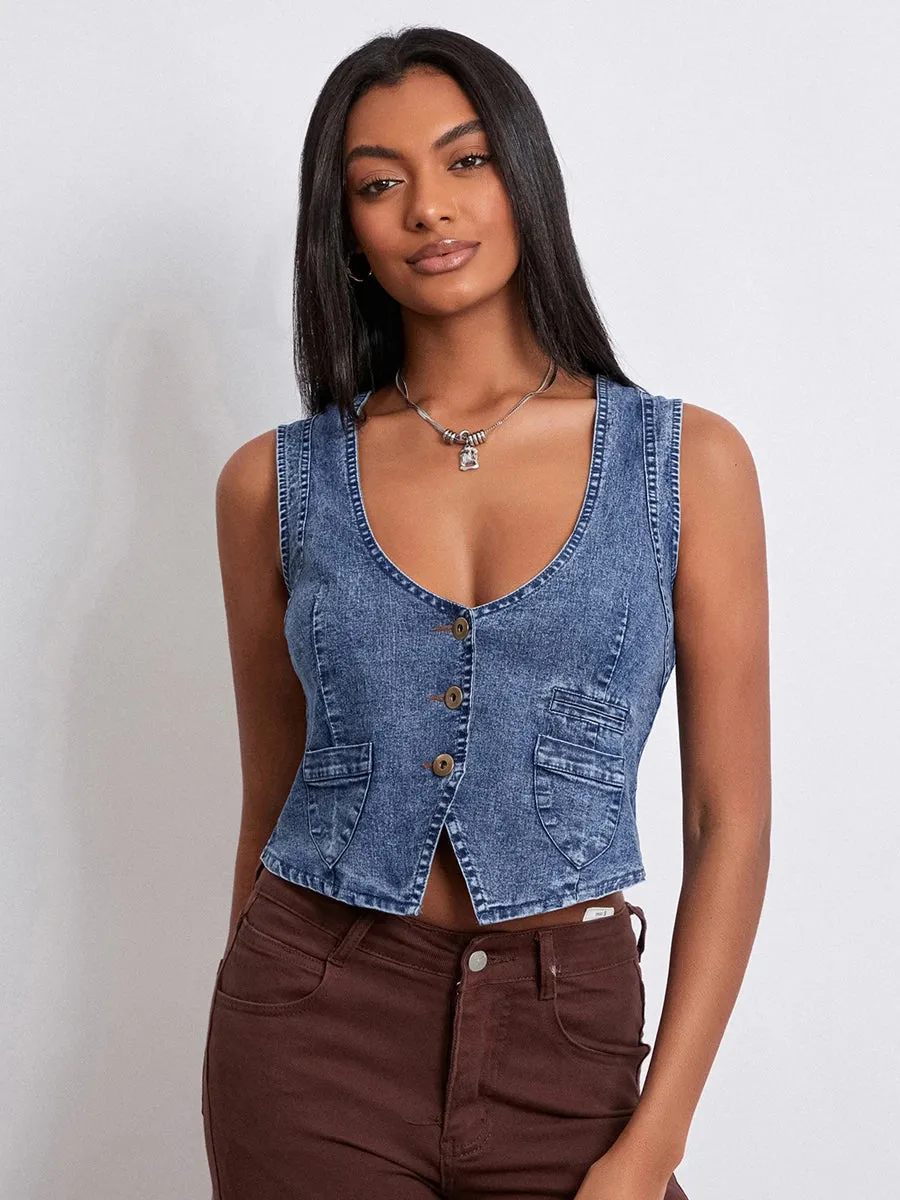 Y2K Button Down Denim Casual V-neck Sleeveless Cropped Crop Jean Top